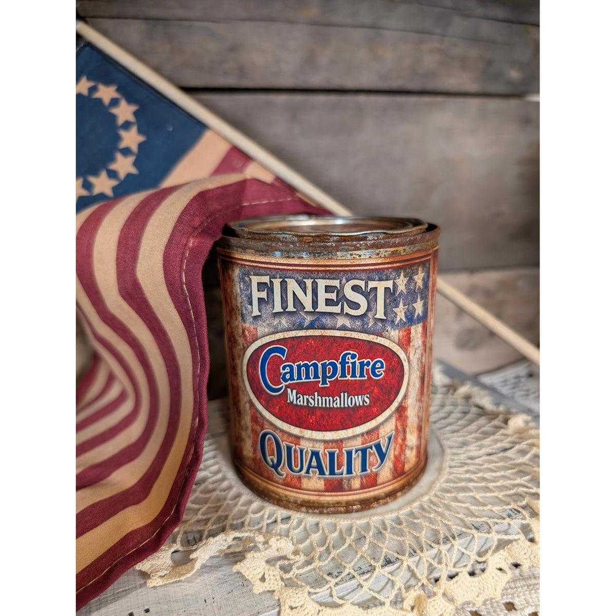 4th of July CAMPFIRE Marshmallows Rusted Can Vintage Inspired - Pint