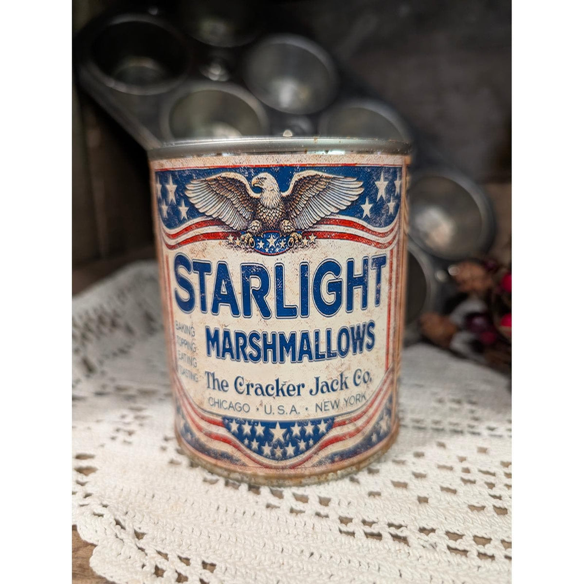 STARLIGHT MARSHMALLOWS Red Vintage Inspired Rusted Can - Pint - Americana
