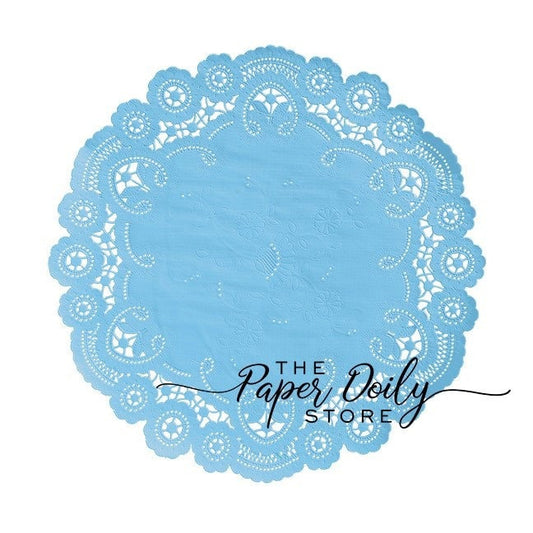 15 - 6" Size CLEAR SKY French Lace Paper Doilies | Light Blue Colored Doily, Baby Blue Doilies, Boy Baby Shower Decorations