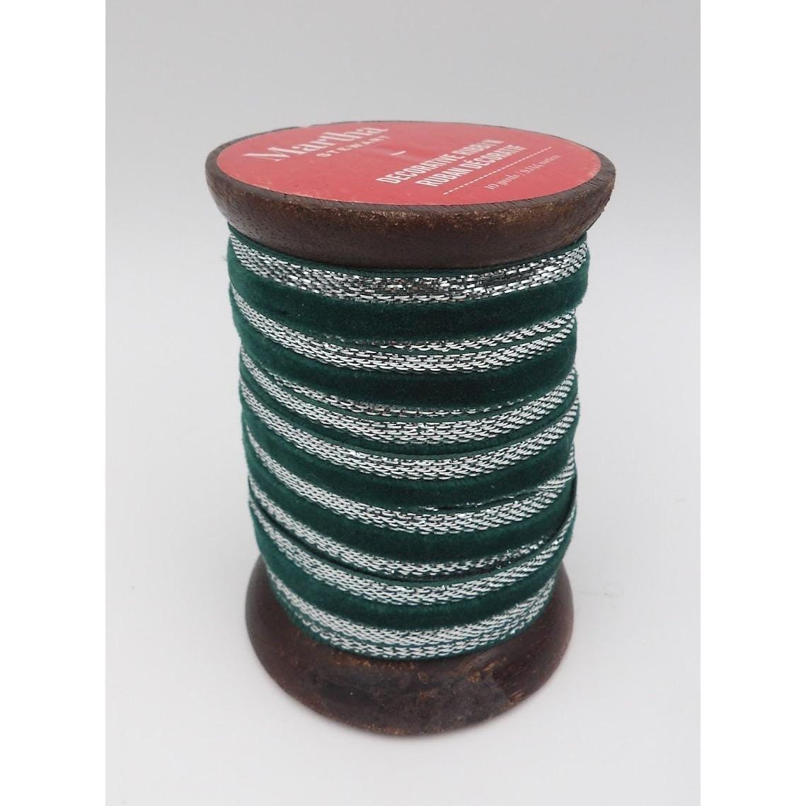 Martha Stewart 10 yds GREEN VELVET Ribbon w/Silver Metallic Trim 9/16" wide