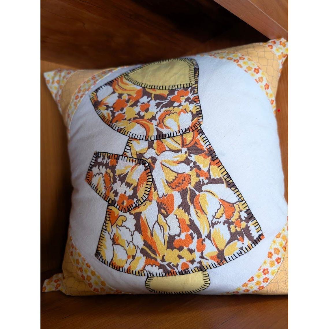 VINTAGE QUILT TOP Sun Bonnet Sue Upcycled Pillow | Yellow & Orange