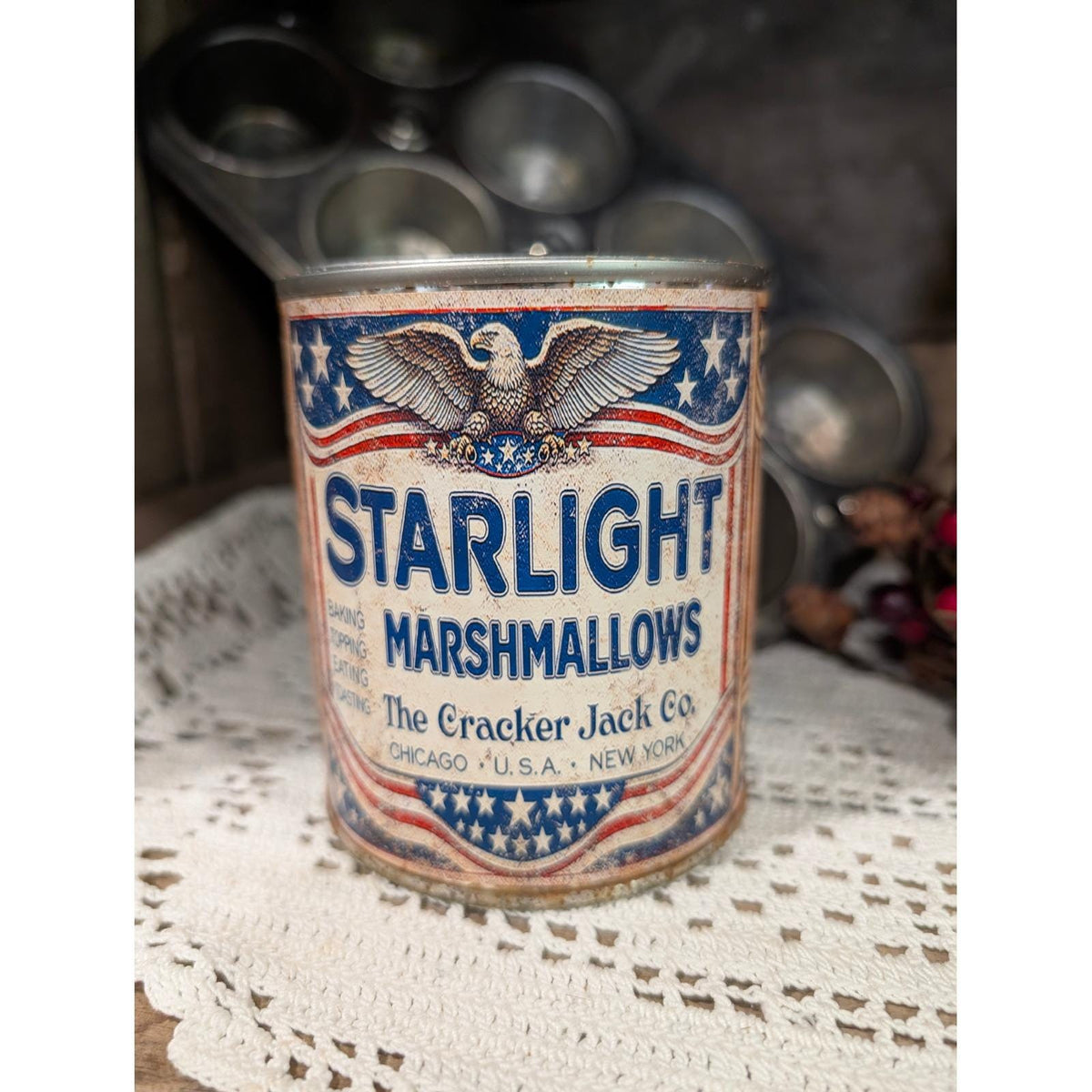 STARLIGHT MARSHMALLOWS Red Vintage Inspired Rusted Can - Pint - Americana
