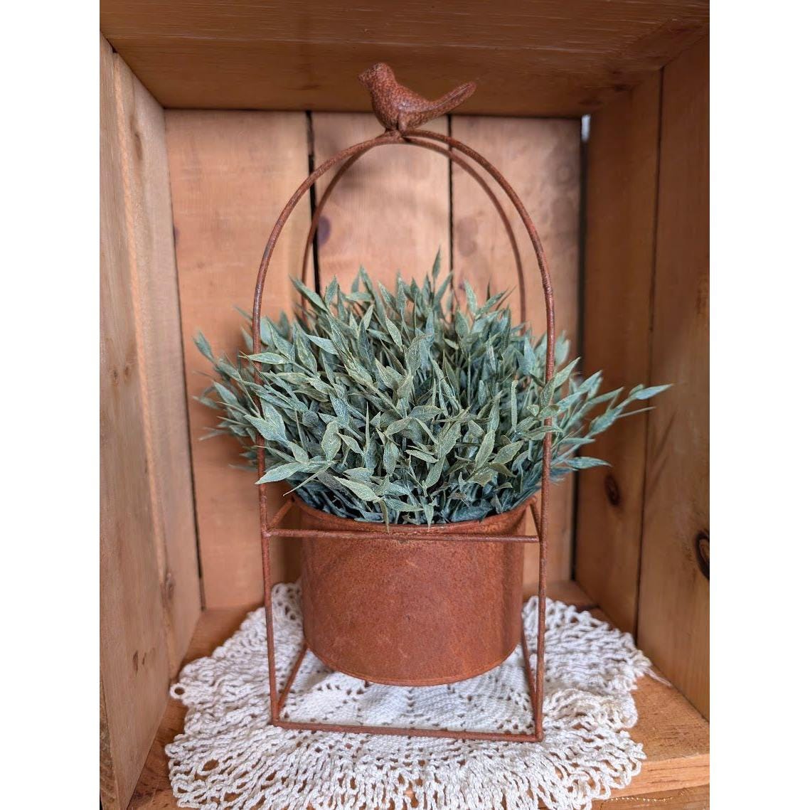 Large Rusty Tin Planter Cloche with Bird Topper- Plant not included