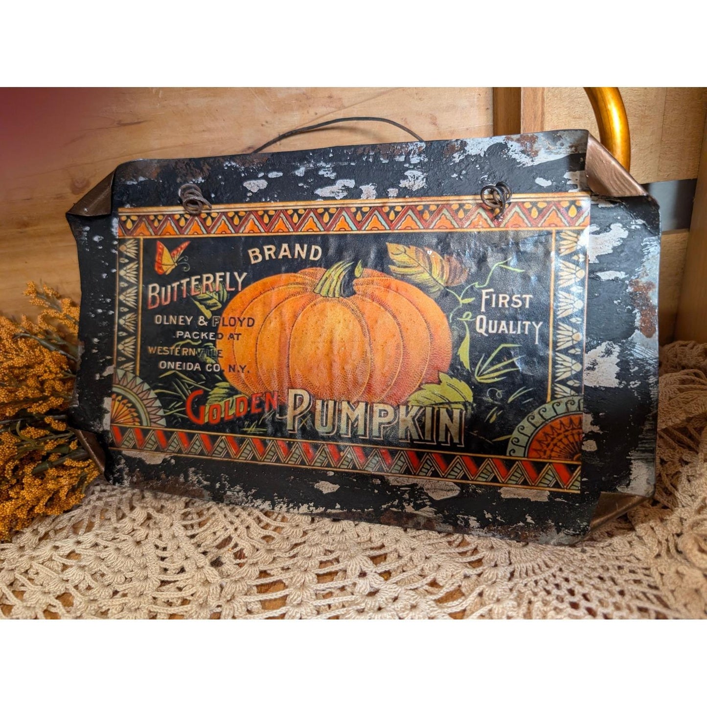 GOLDEN PUMPKIN Fall Halloween Upcycled Tin Hanger