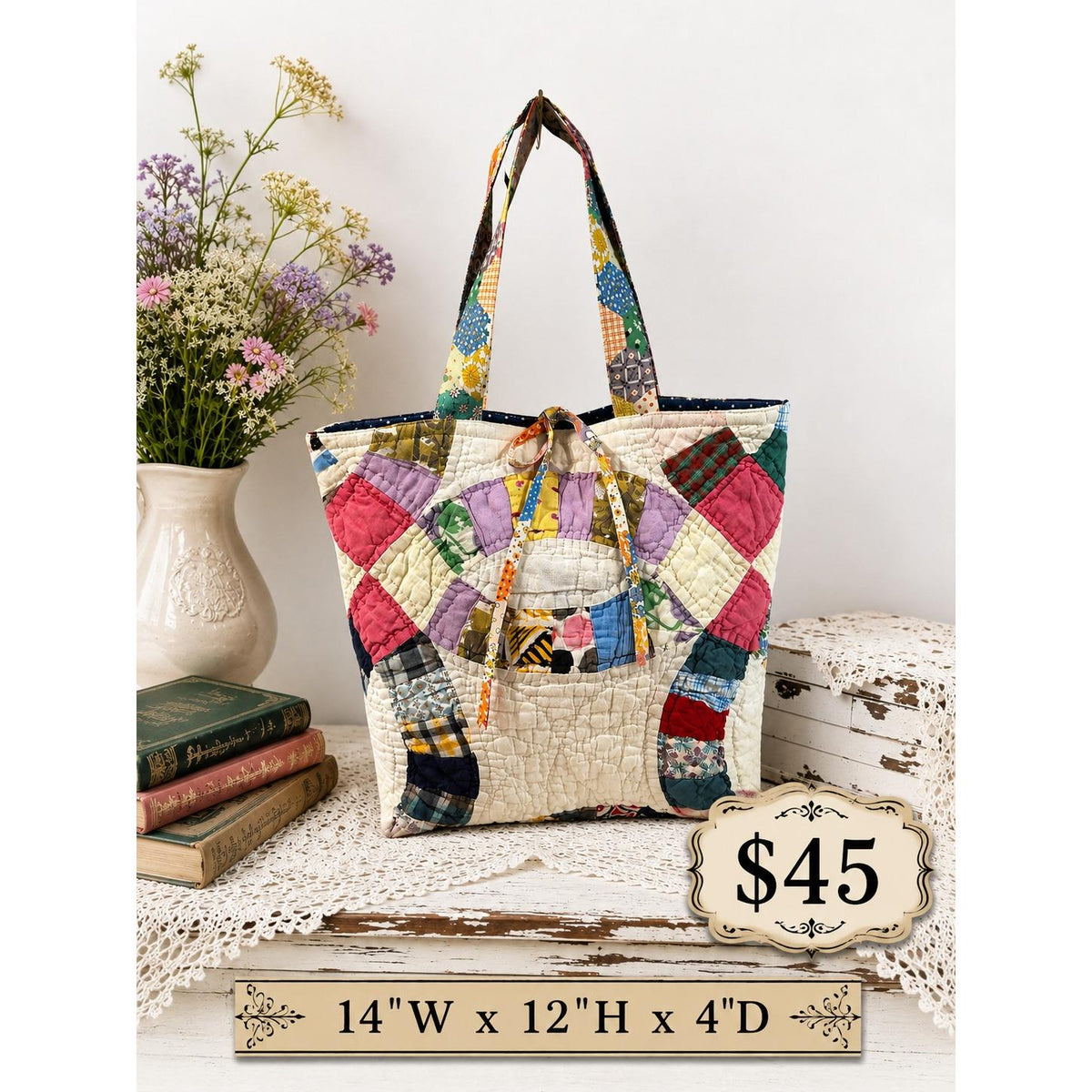 Vintage Wedding Ring Quilt Upcycled Tote Bag Purse No. 1 - Gorgeous!