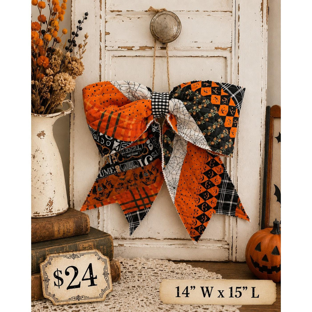 Large Quilted HALLOWEEN Front Door Bow No. 1 - Vintage Inspired