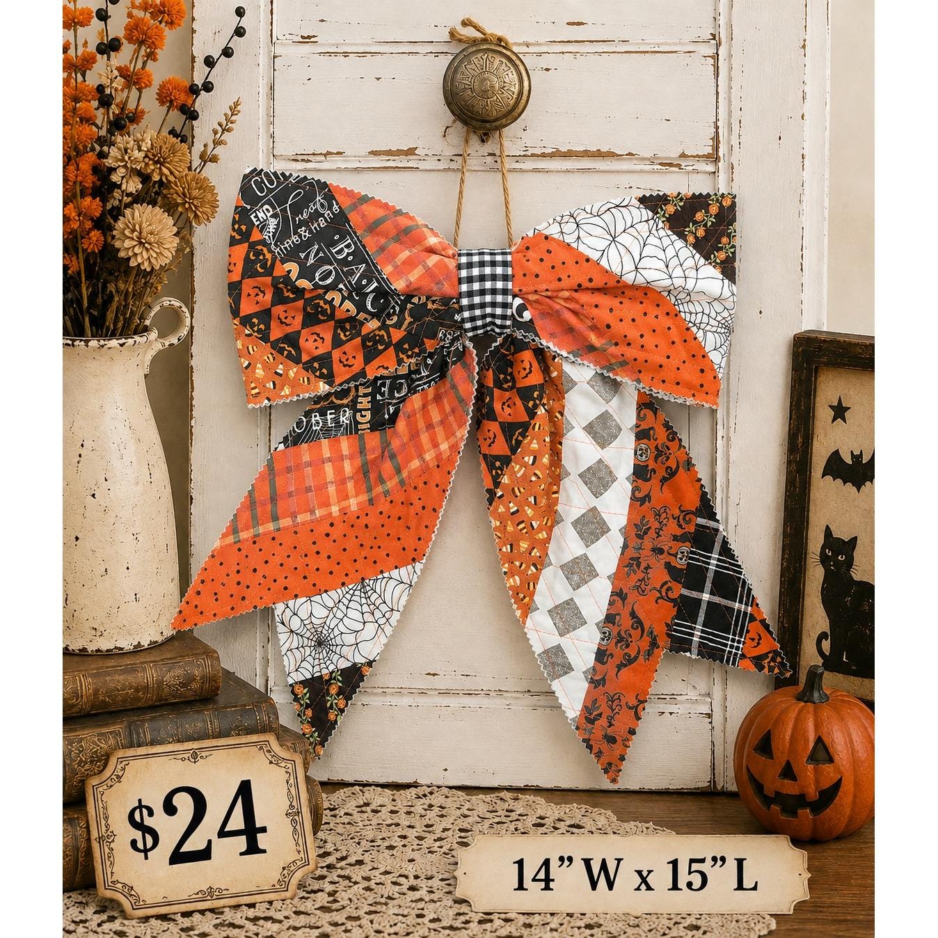 Large Quilted HALLOWEEN Front Door Bow No. 3 - Vintage Inspired