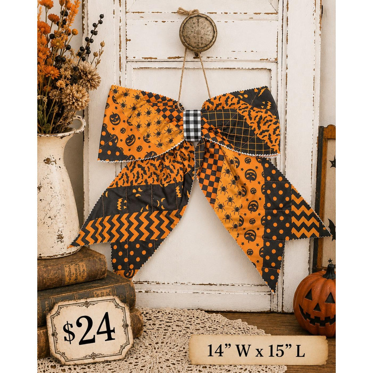 Large Quilted HALLOWEEN Front Door Bow No. 4 - Vintage Inspired