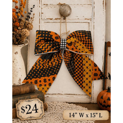 Large Quilted HALLOWEEN Front Door Bow No. 2 - Vintage Inspired