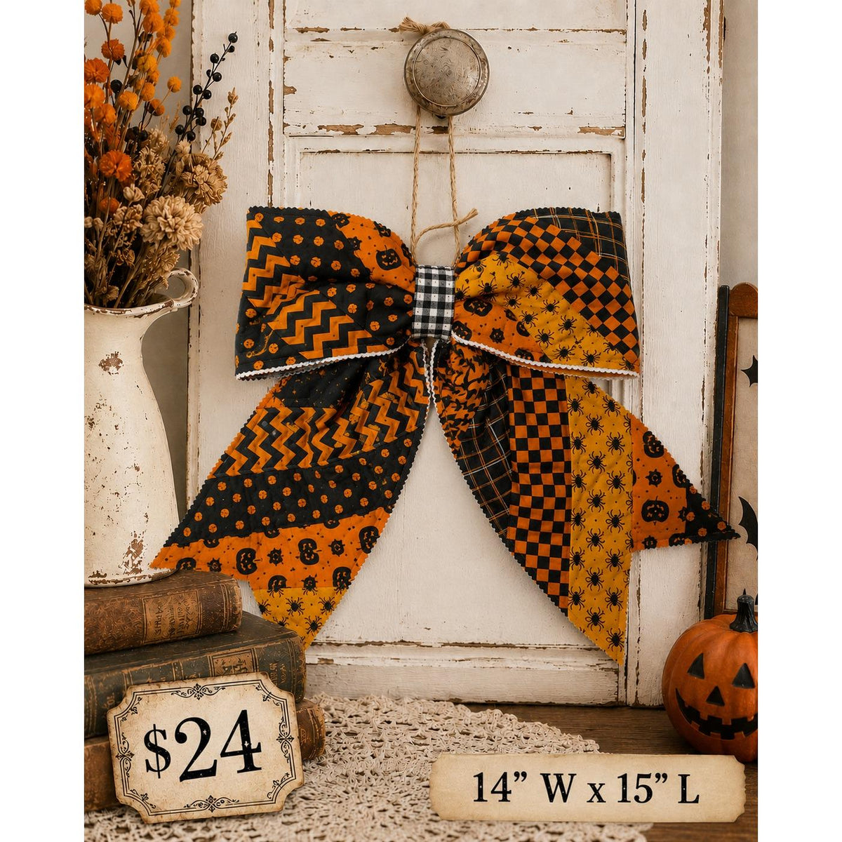 Large Quilted HALLOWEEN Front Door Bow No. 2 - Vintage Inspired