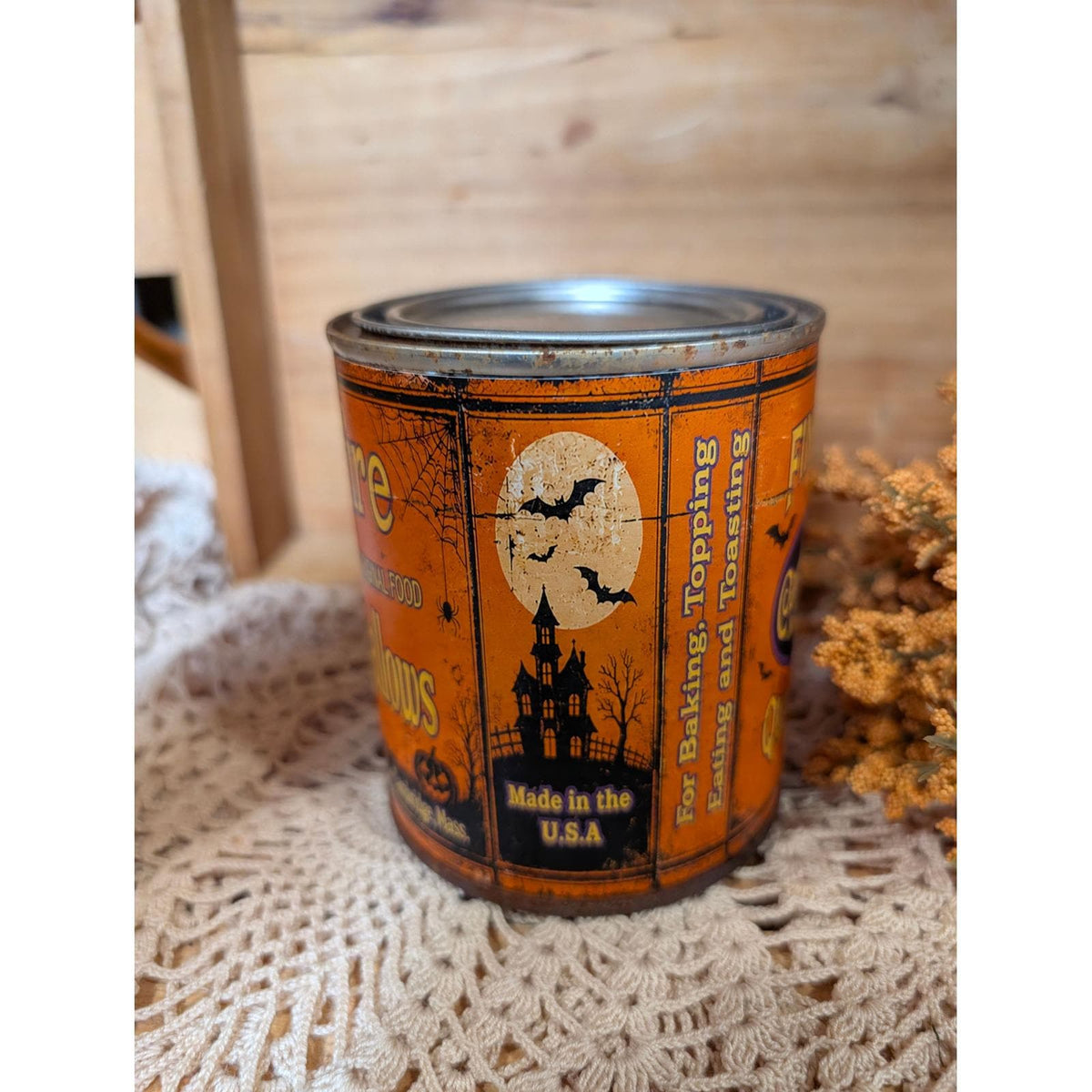 HALLOWEEN Rusty Upcycled Pint Tin - ORANGE CAMPFIRE Marshmallows